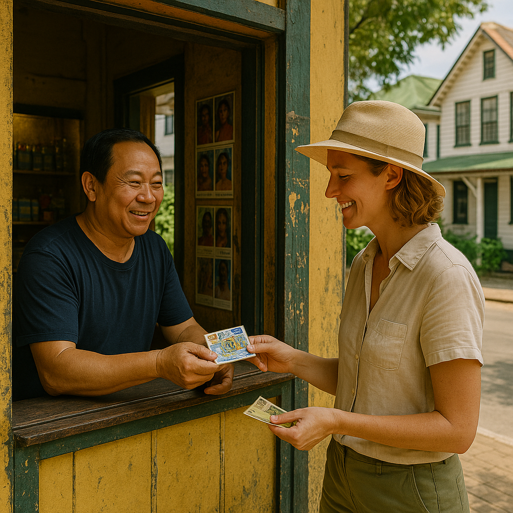 A smiling woman in a hat buys stamps from a vendor at a rustic outdoor booth on a sunny day.