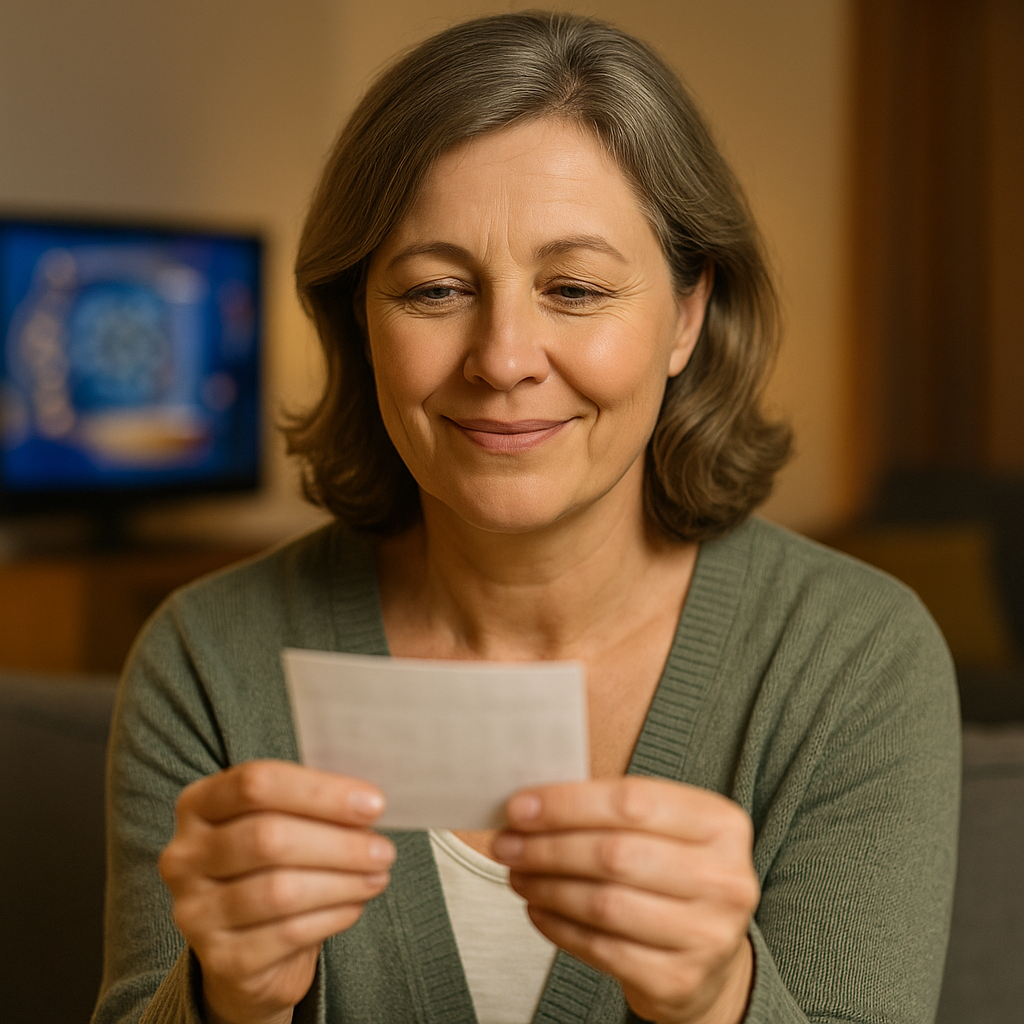 Smiling woman in a green cardigan holds a piece of paper, sitting on a couch with a TV in the background.