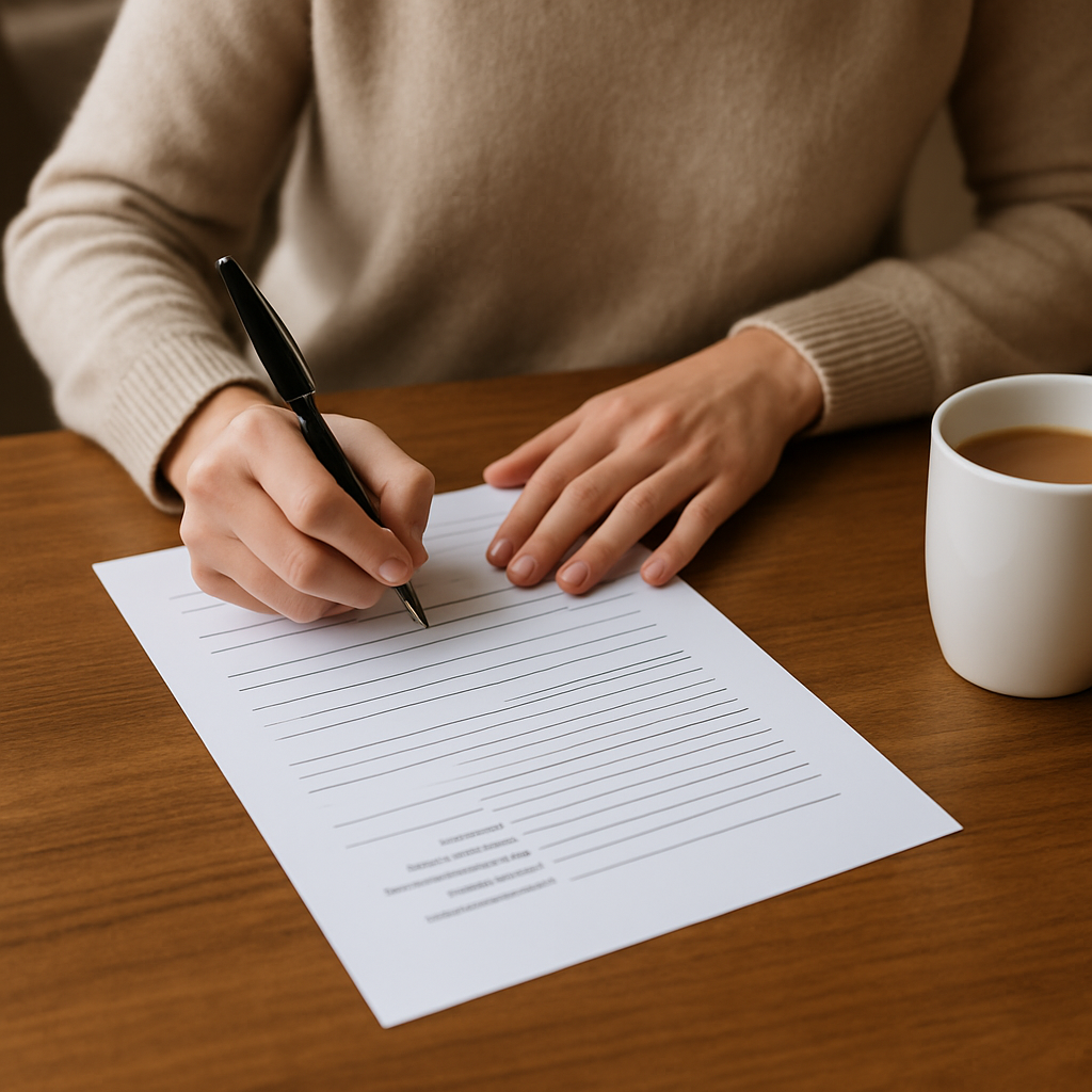 Person in a beige sweater writing on a lined paper with a black pen, next to a white mug on a wooden table.