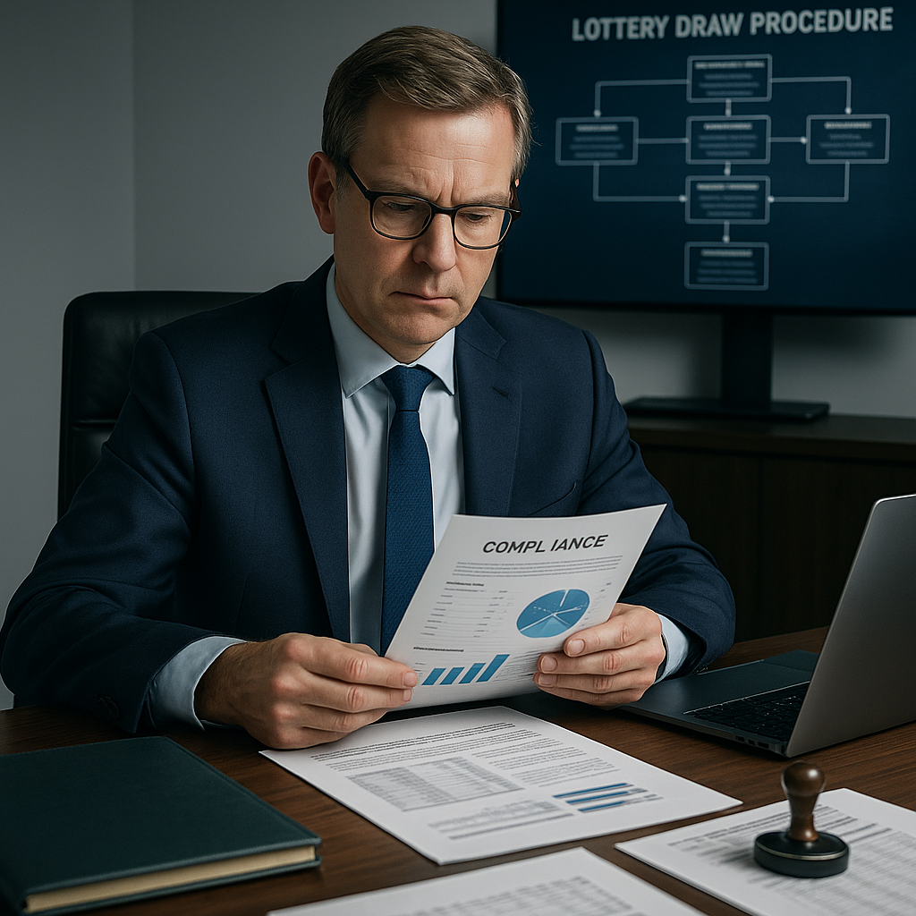 A man in a suit reviews a compliance document at a desk, with charts and a laptop. A "Lottery Draw Procedure" chart is on the wall.