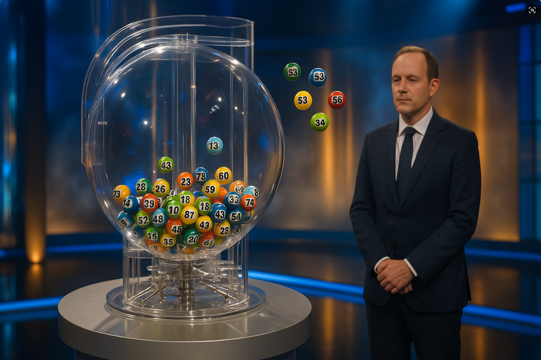 A man in a suit stands beside a transparent lottery machine with colorful numbered balls inside, in a studio setting.