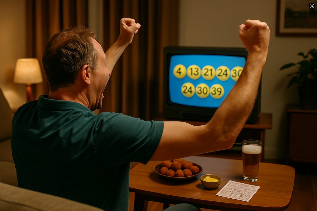 A man cheers with raised arms while watching a lottery draw on TV, sitting at a table with snacks, a drink, and a lottery ticket.