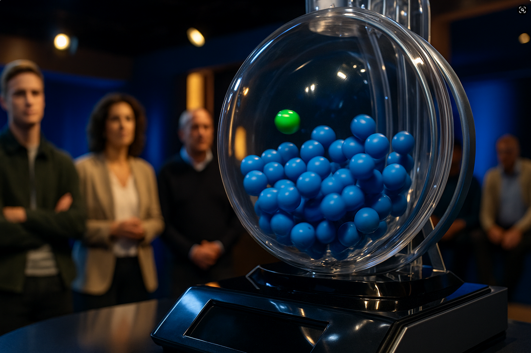 A lottery machine with blue balls and one green ball inside, with four people blurred in the background.