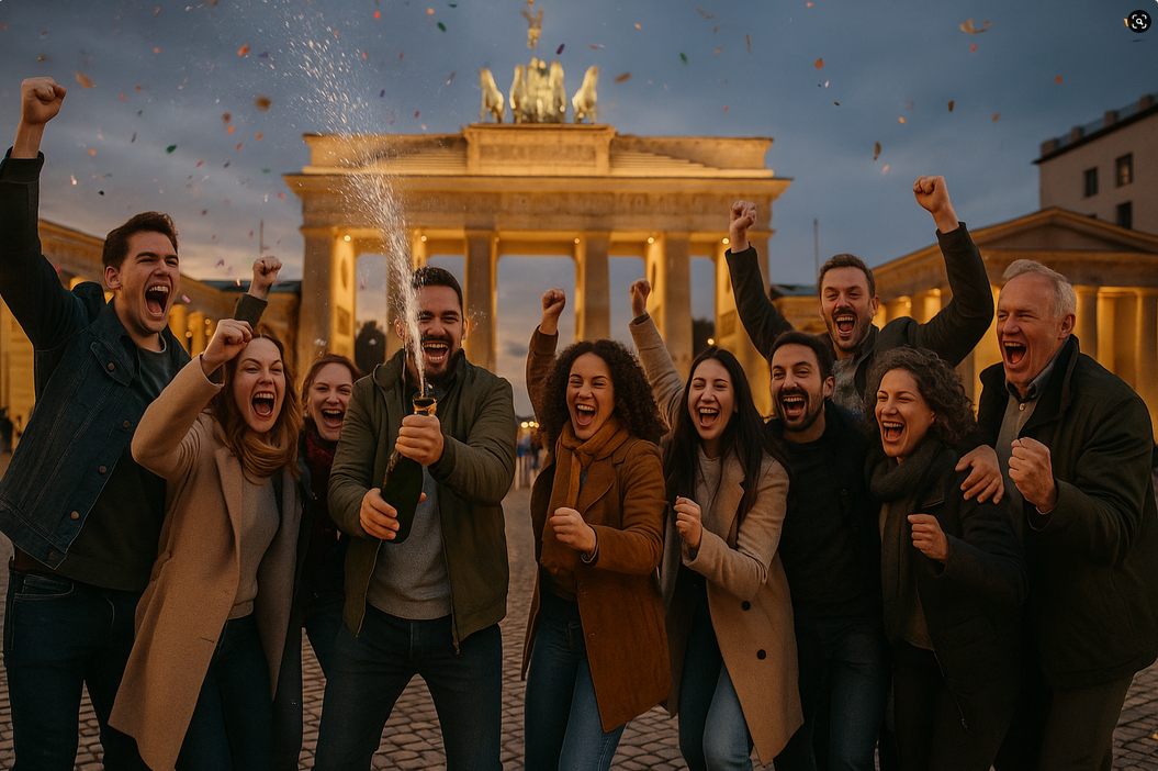 A group of people celebrating with a champagne bottle in front of the lit-up Brandenburg Gate, with confetti falling around them.