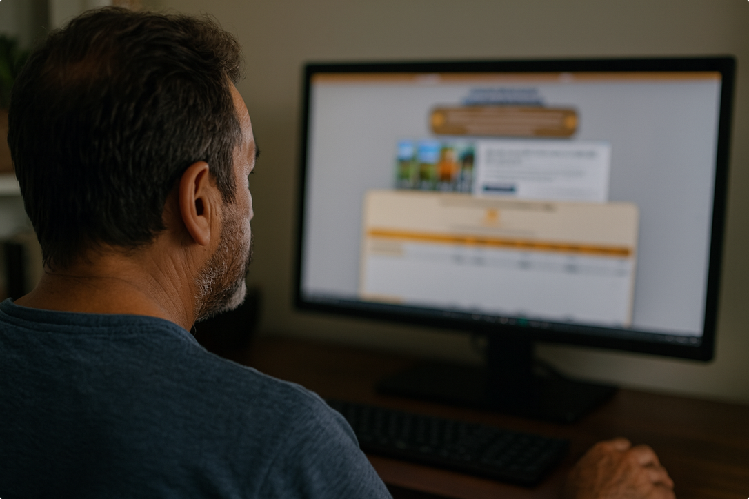 Man with short hair using a desktop computer, viewing a blurred website, in a dimly lit room.