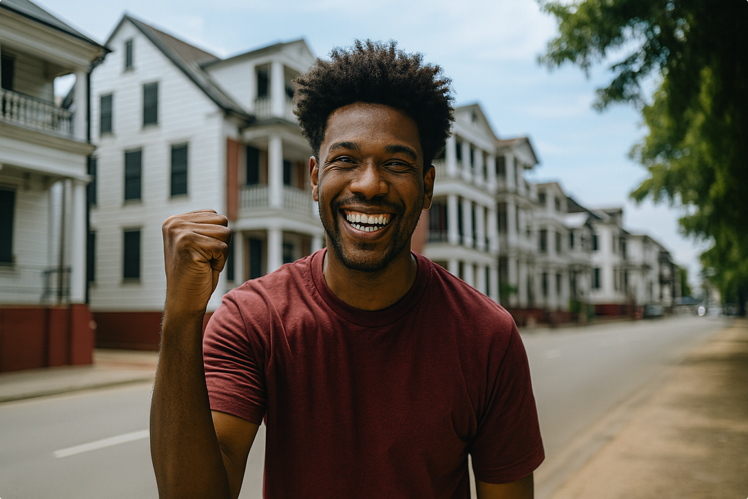 Man in a red shirt smiling and raising his fist in excitement on a street lined with white houses.