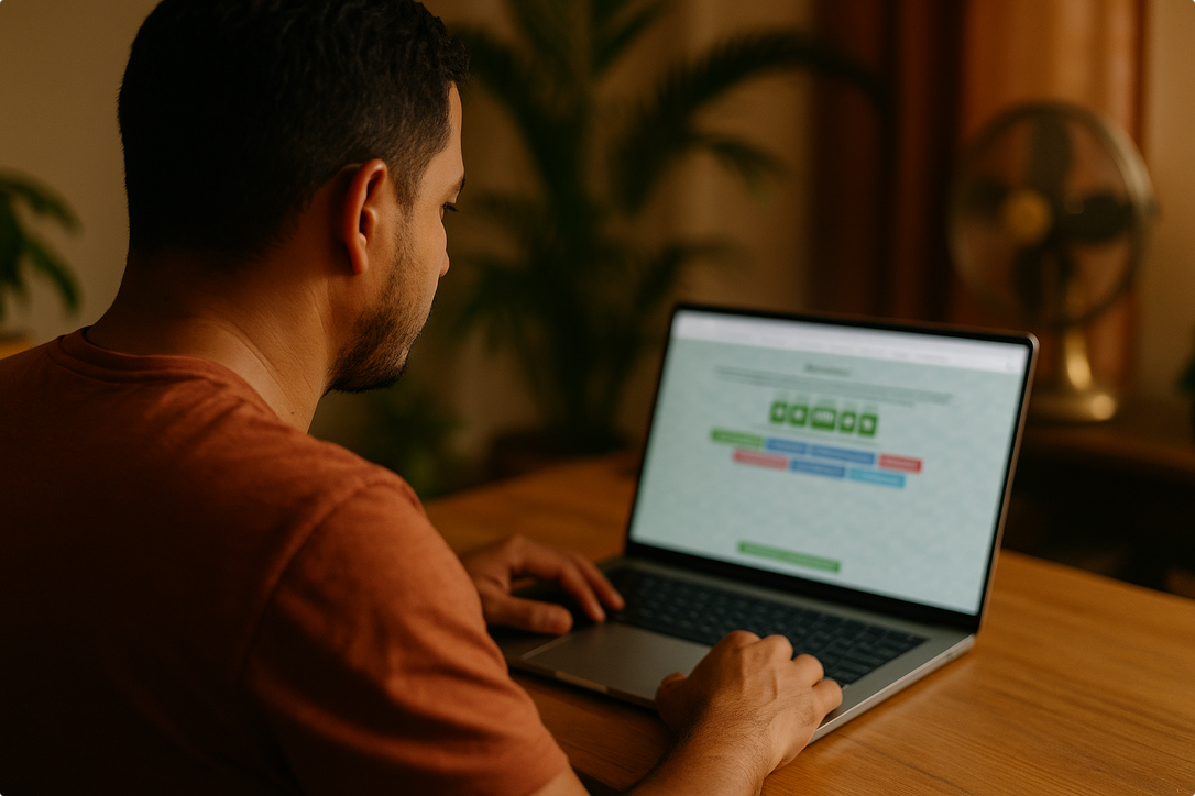 Man seated at a wooden table typing on a laptop displaying a blurred webpage; potted plant and fan in a warm-lit room.