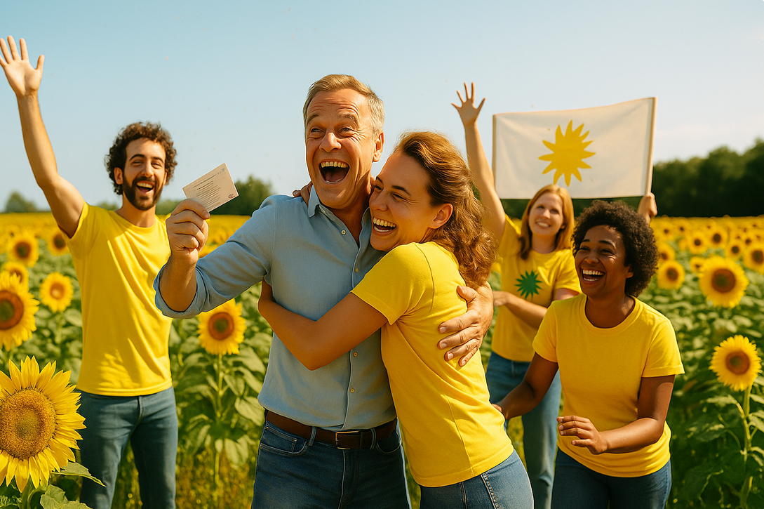 A joyful group in a sunflower field, wearing yellow shirts. A man holds a card, while others cheer and hold a sunflower flag.