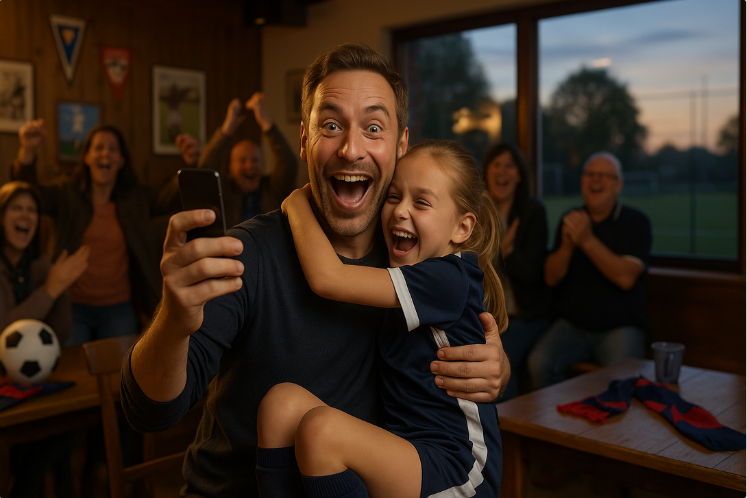 A joyful man and young girl in soccer attire celebrate, surrounded by cheering people in a cozy room with sports decor.
