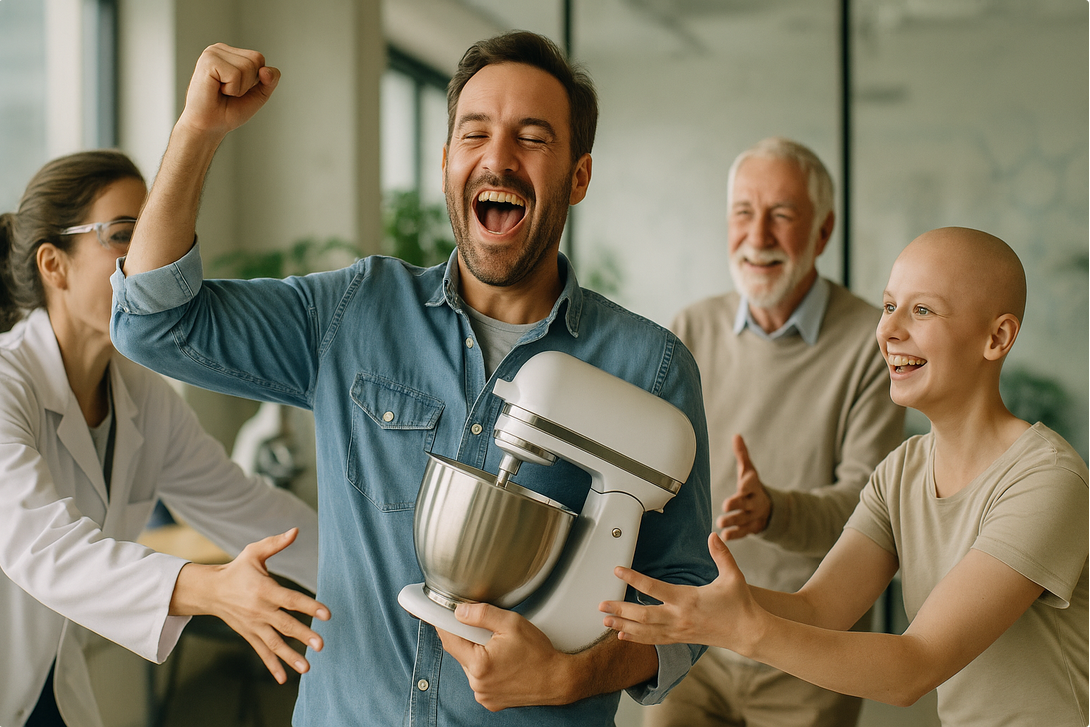 Man joyfully holding a mixer, surrounded by cheering people, including a doctor and a bald woman, in a bright room.