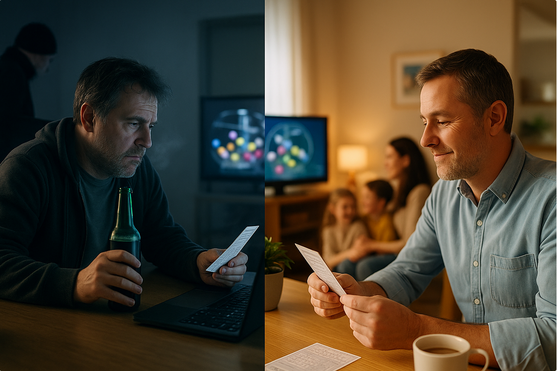 Split image: Left shows a man in a dim room holding a beer, looking at a bill. Right shows a man in a bright room with family, smiling at a paper.