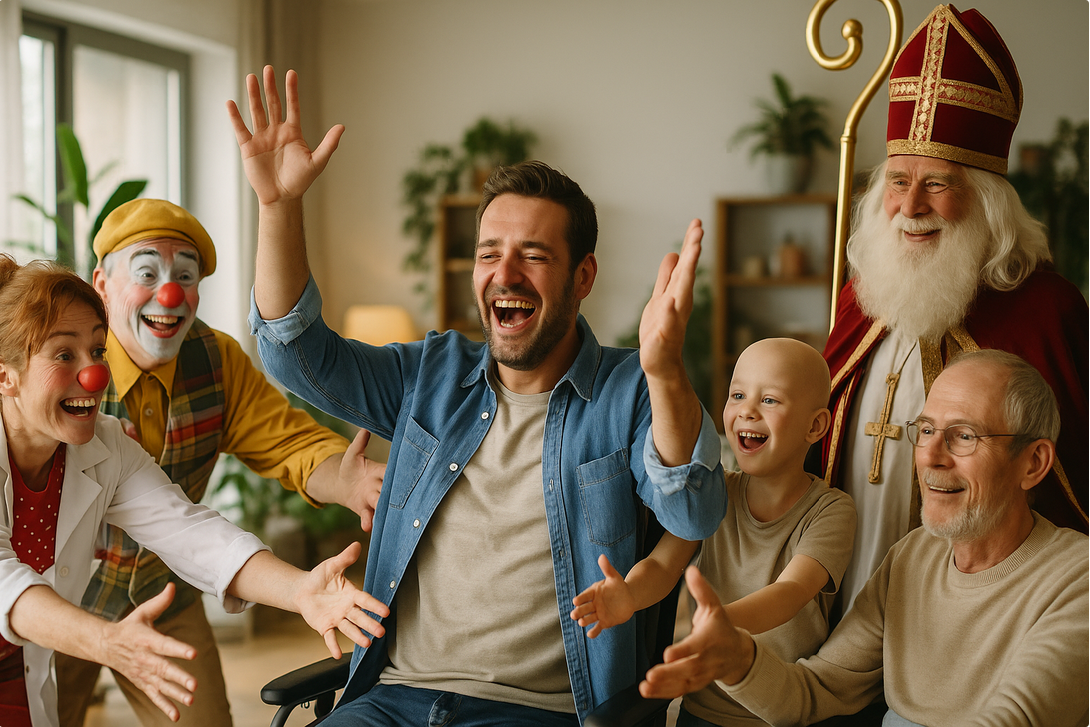 A joyful group, including a man in a blue shirt, a child, a clown, and a person in festive attire, celebrate together in a warmly lit room.