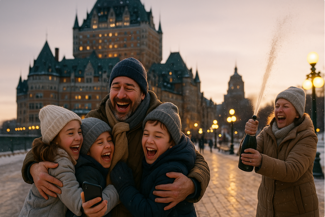 A joyful family in winter clothing laughs together as a person sprays champagne in front of a historic building at sunset.