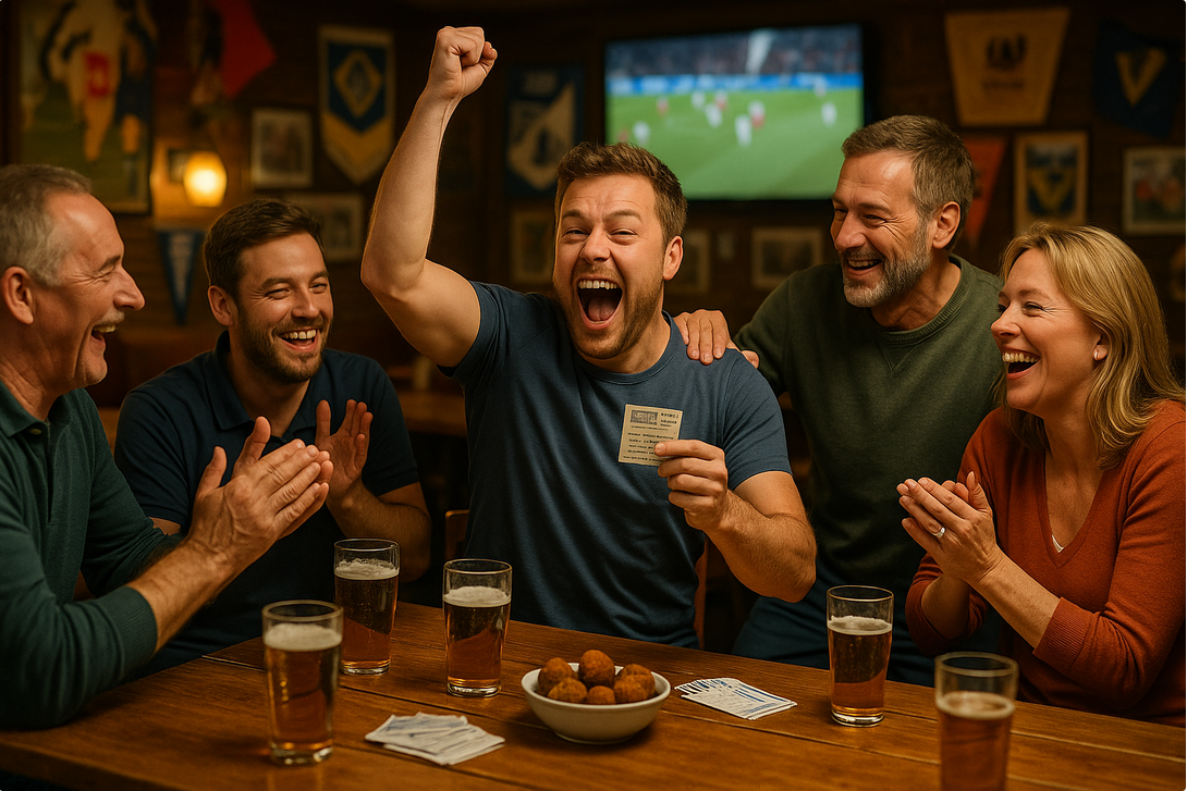 A group of five people in a pub celebrate a win, with drinks on the table and a sports game on TV in the background.