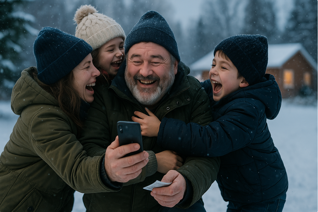 A joyful family of four, bundled in winter clothing, laughs while taking a selfie in a snowy outdoor setting with a cabin in the background.