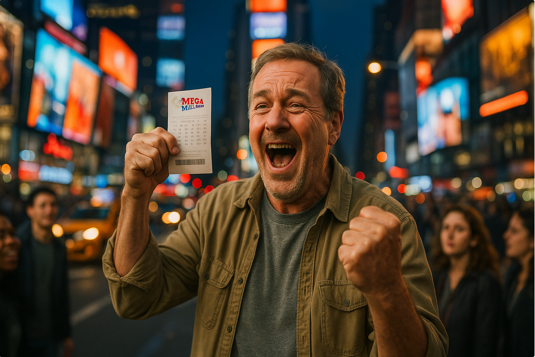 Man joyfully holding a Mega Millions lottery ticket in a bustling city street at night, surrounded by colorful lights and blurred crowds.