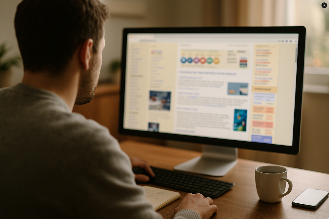 A person sitting at a desk, using a computer with a large monitor displaying a webpage. A mug is placed nearby on the wooden desk.