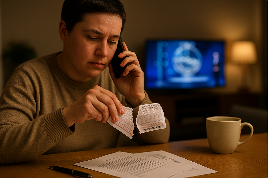 Person on phone, tearing a document at a table with papers and a mug; TV in background displaying a blue screen.