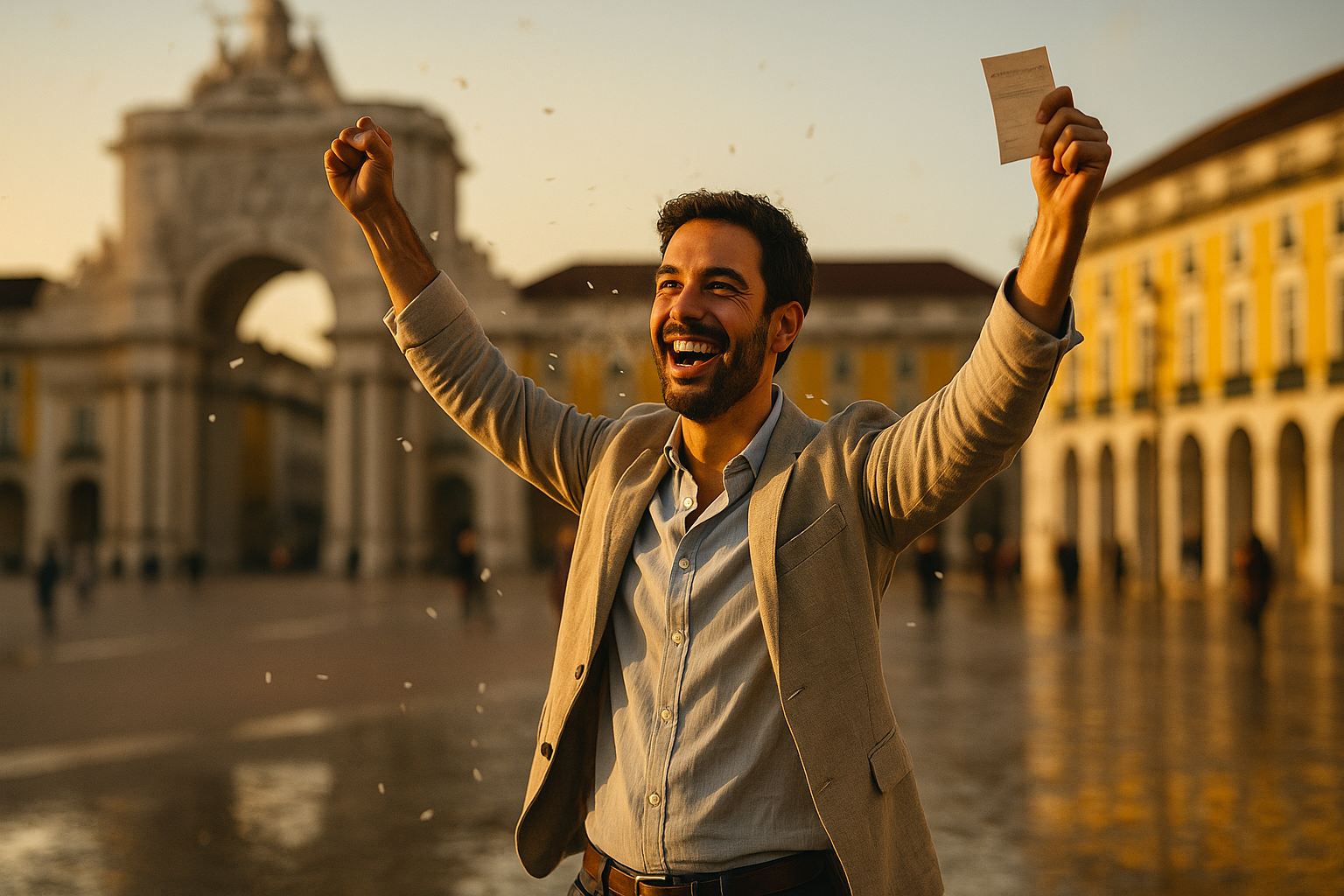 A man in a suit joyfully raises his arms, holding a paper, in a sunlit plaza with an archway and yellow buildings in the background.