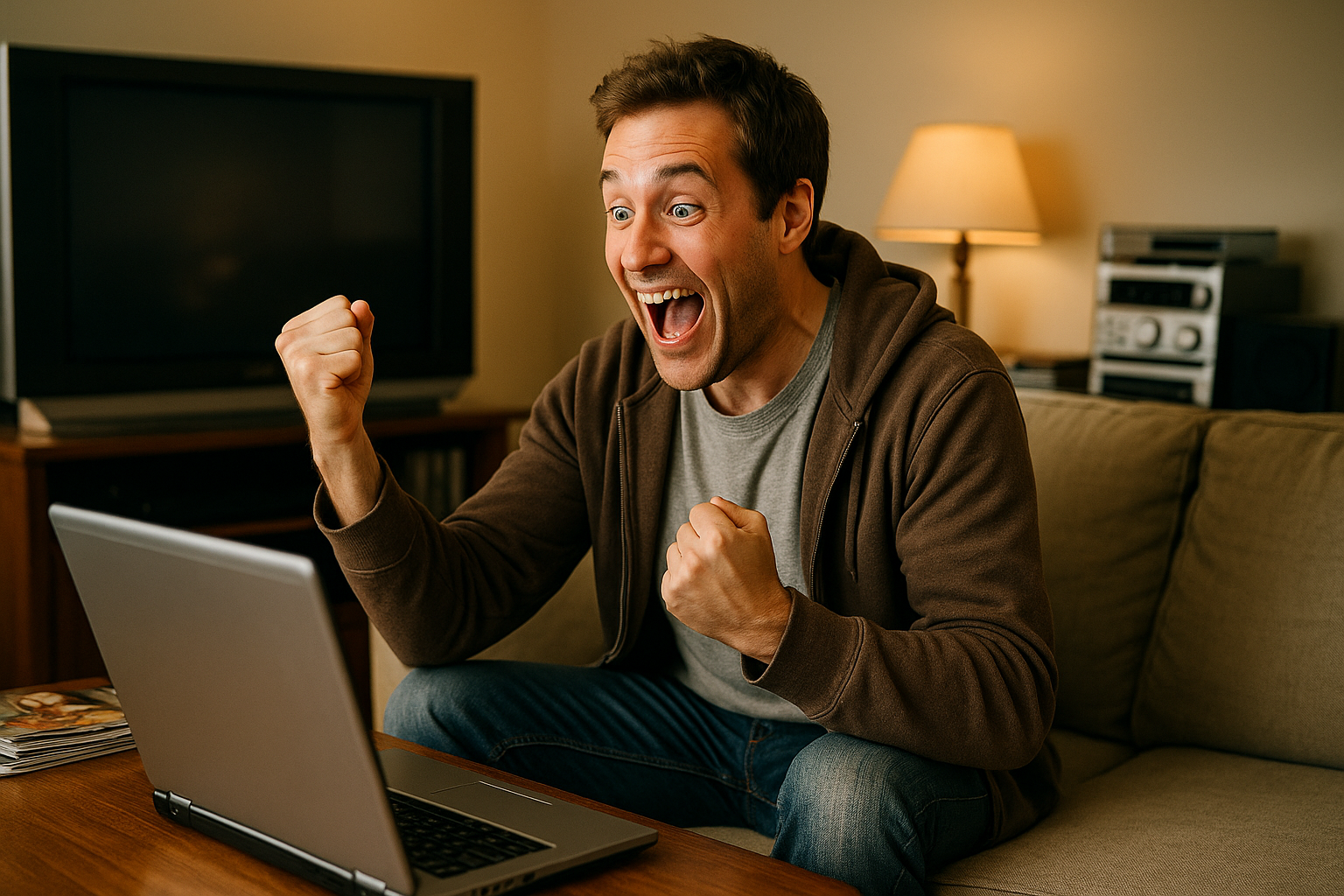 A man sitting on a couch, excitedly raising his fists while looking at a laptop screen, with a lamp and TV in the background.
