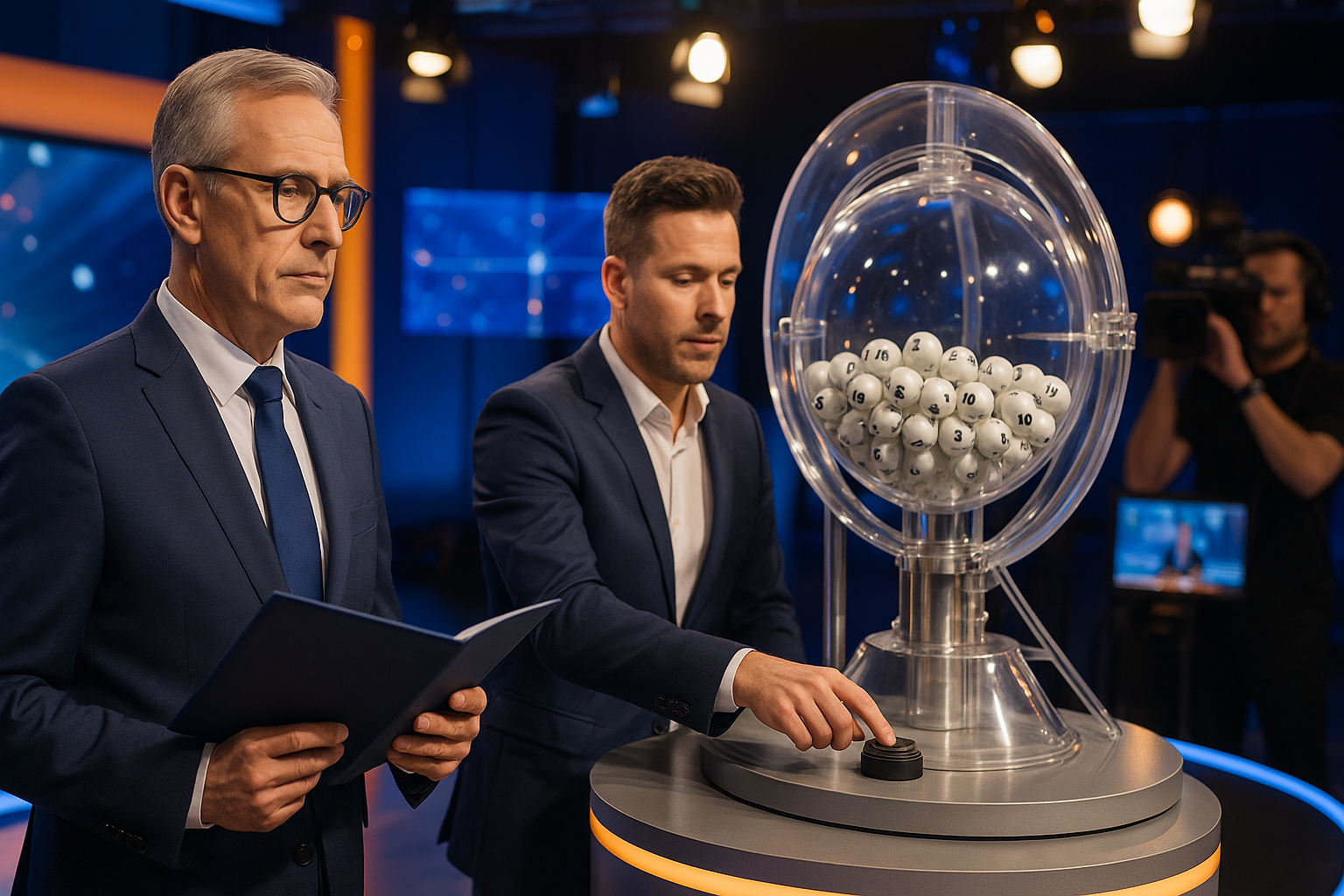 Two men in suits operate a lottery machine with numbered balls in a studio, while a cameraman films the scene.