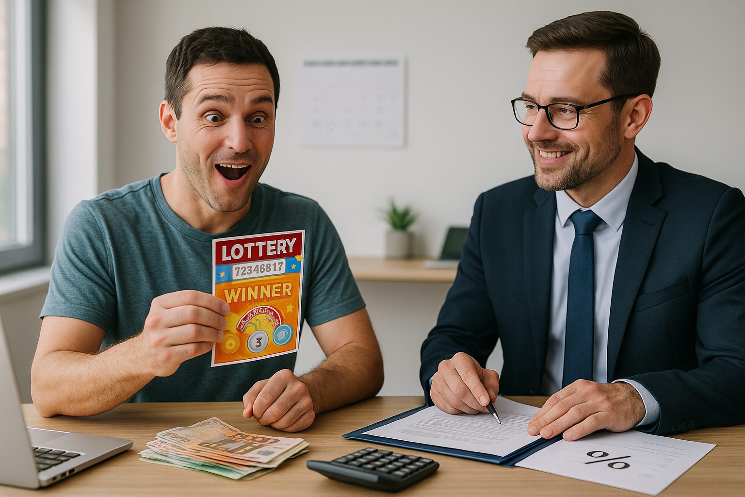 Excited man holding a lottery winner ticket, sitting beside a smiling man in a suit. Money, calculator, and documents are on the table.