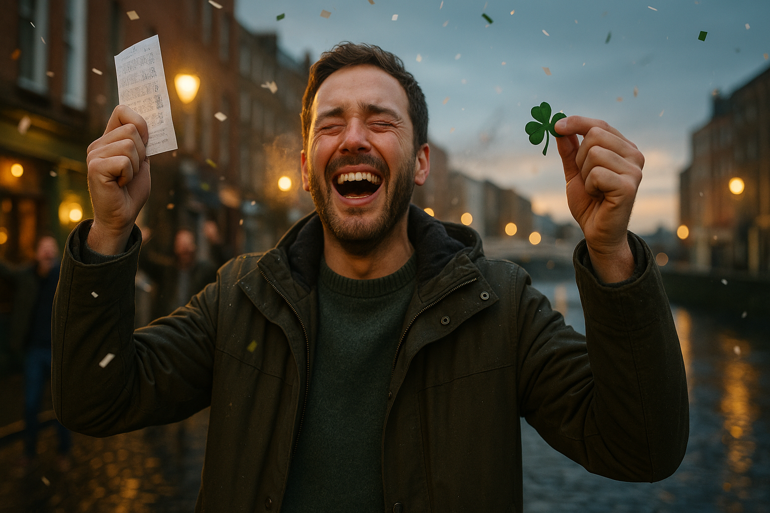 A joyful man holds a lottery ticket and a four-leaf clover, celebrating outdoors with confetti falling around him near a canal.