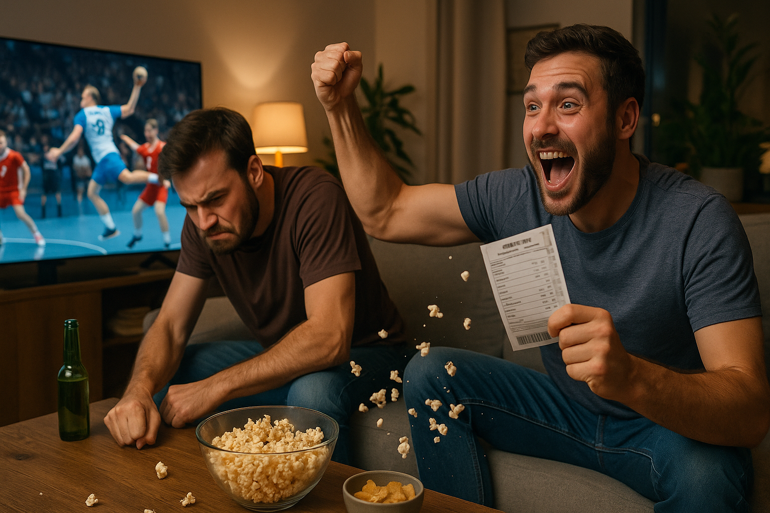 Two men watching a sports game on TV; one cheers excitedly holding a betting slip, while the other looks disappointed. Popcorn and drinks on the table.