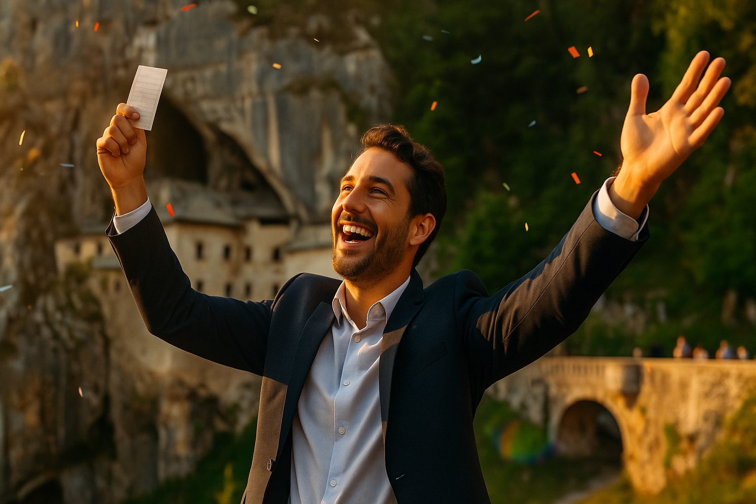 A joyful man in a suit holds a paper, celebrating with arms raised. Confetti falls around him, with a scenic rocky backdrop and bridge.