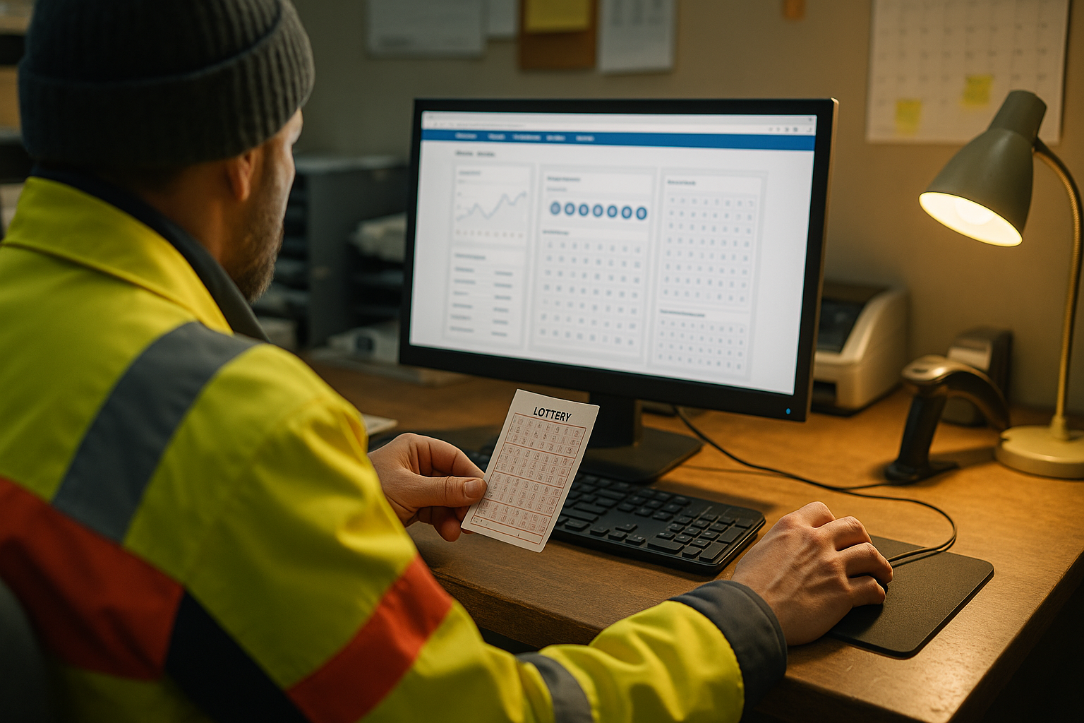 A person in a high-visibility jacket and beanie holds a lottery ticket while looking at a computer screen displaying charts in an office.