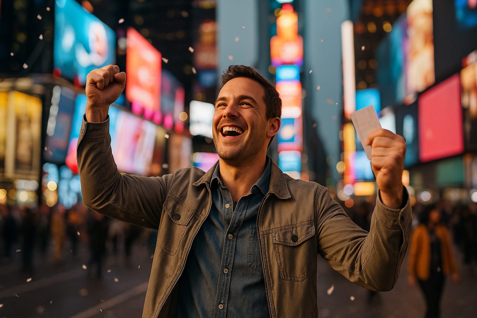 A man joyfully celebrates, holding a piece of paper, surrounded by bright digital billboards in a bustling cityscape at night.