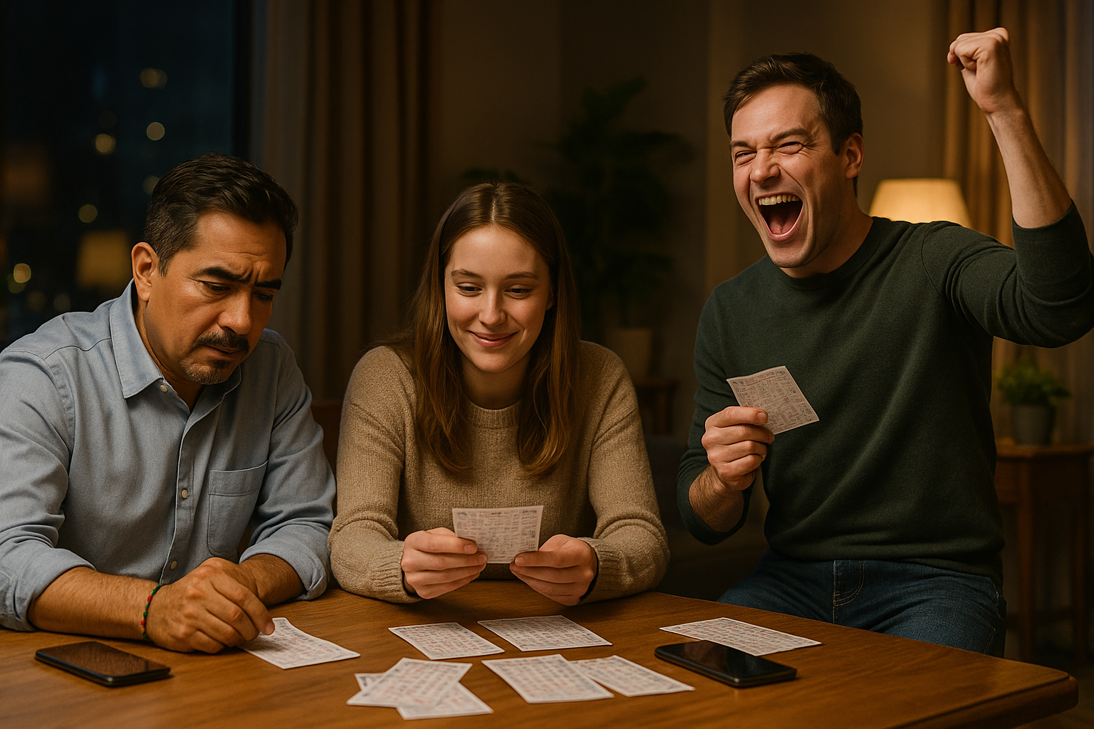 Three people sitting at a table playing a card game. One person is cheering, while the others look at their cards. A phone is on the table.