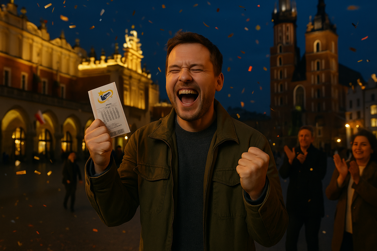 A man joyfully celebrates holding a lottery ticket in a lively, illuminated city square at night, with confetti falling and people clapping.