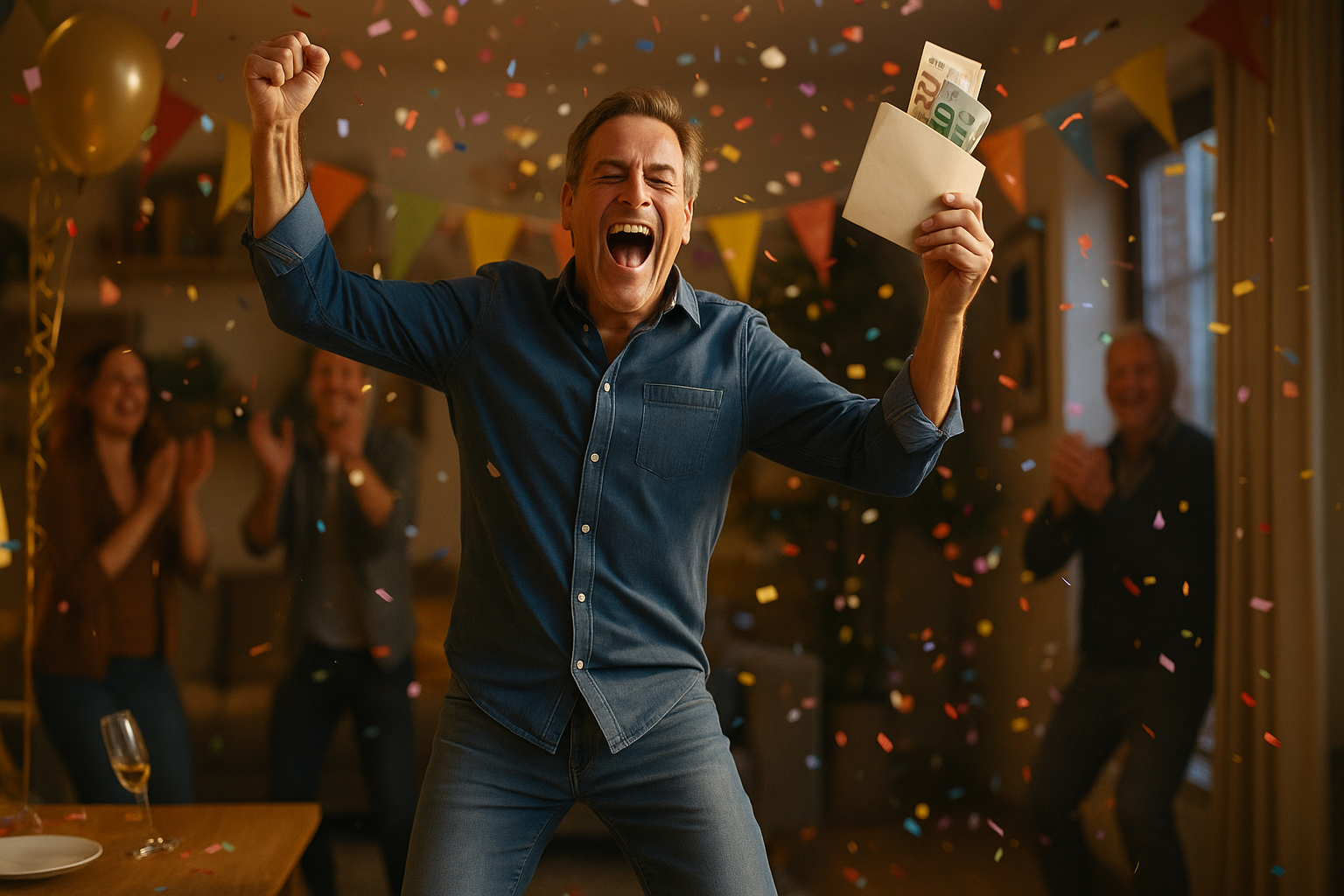 Man joyfully celebrates holding cash and an envelope, surrounded by confetti and applauding friends in a festive room with balloons and bunting.