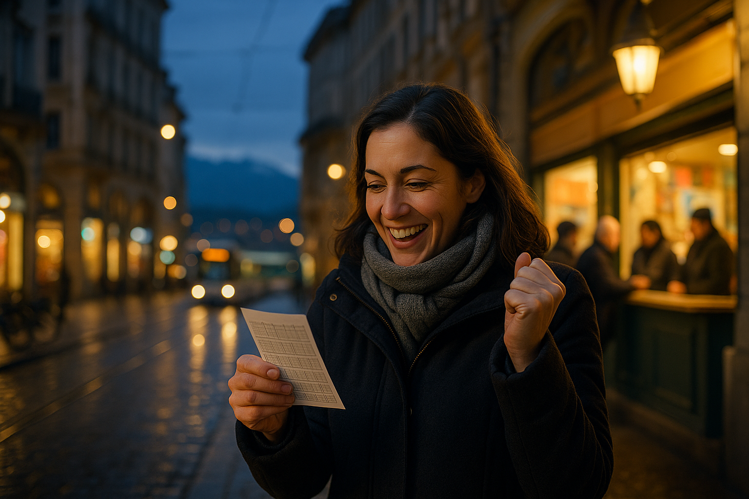 A woman joyfully reads a paper on a dimly lit street with shops and a distant tram at dusk.