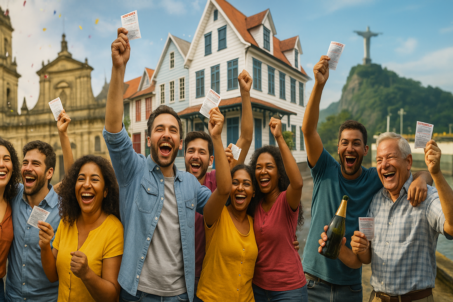 A diverse group of people celebrating outdoors, holding lottery tickets and raising their fists, with a cityscape and statue in the background.