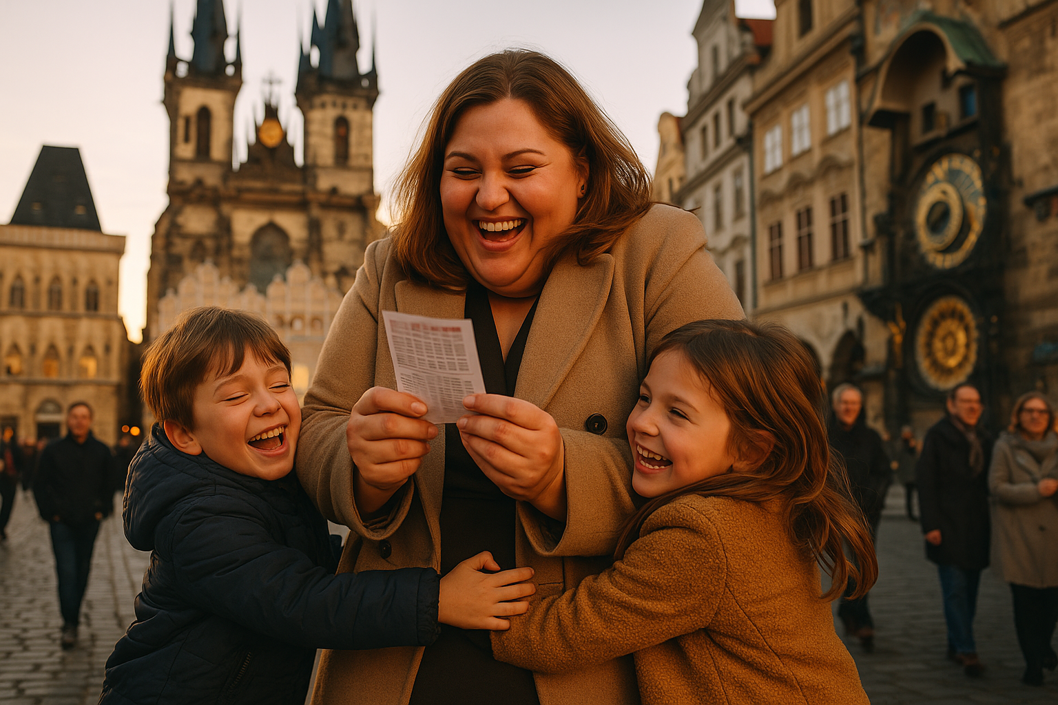 A joyful woman and two children laugh together, holding a ticket in a historic European square with a cathedral and an astronomical clock.