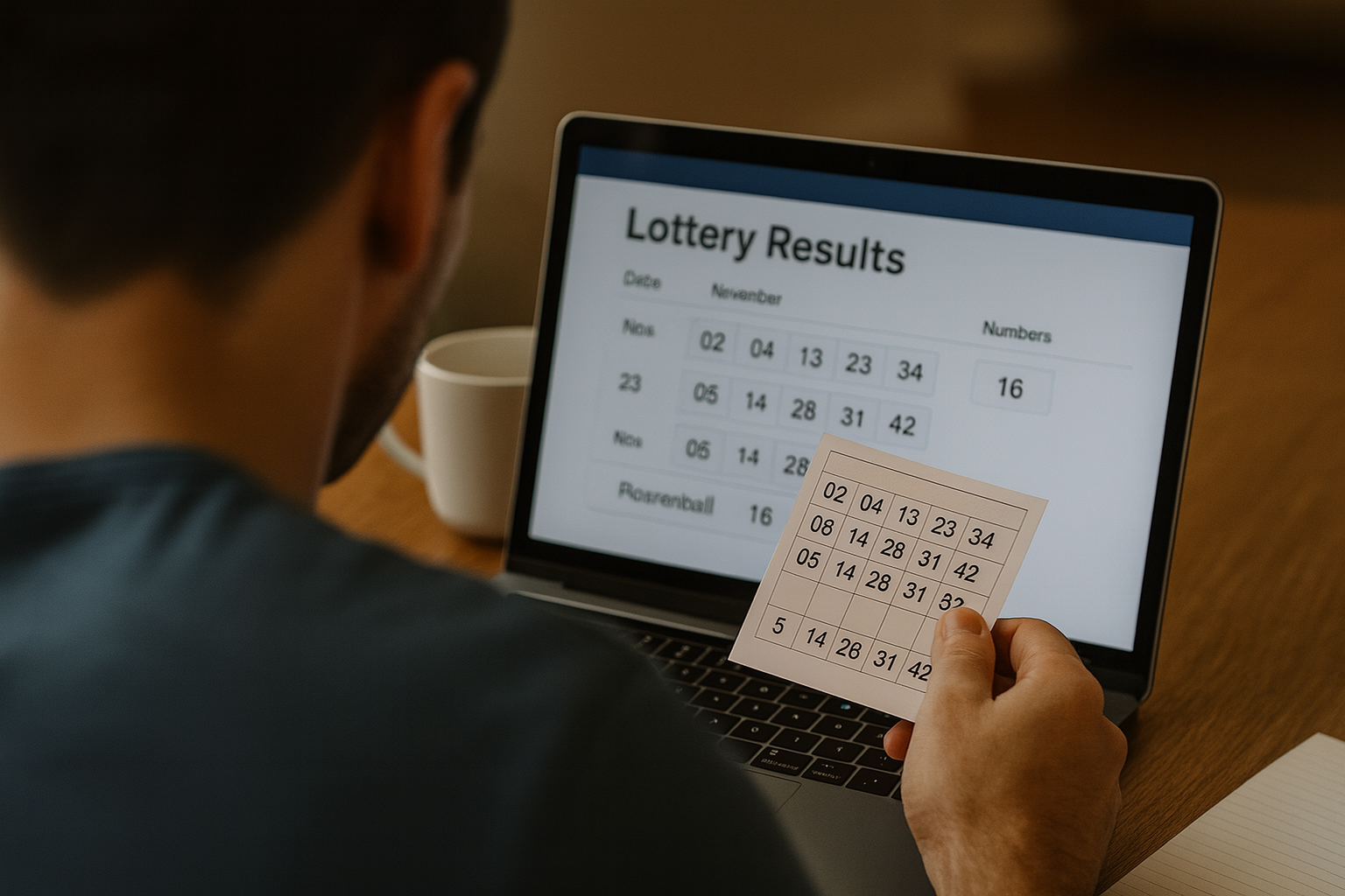 Person checking lottery results on a laptop while holding a lottery ticket. A coffee cup is on the table beside them.