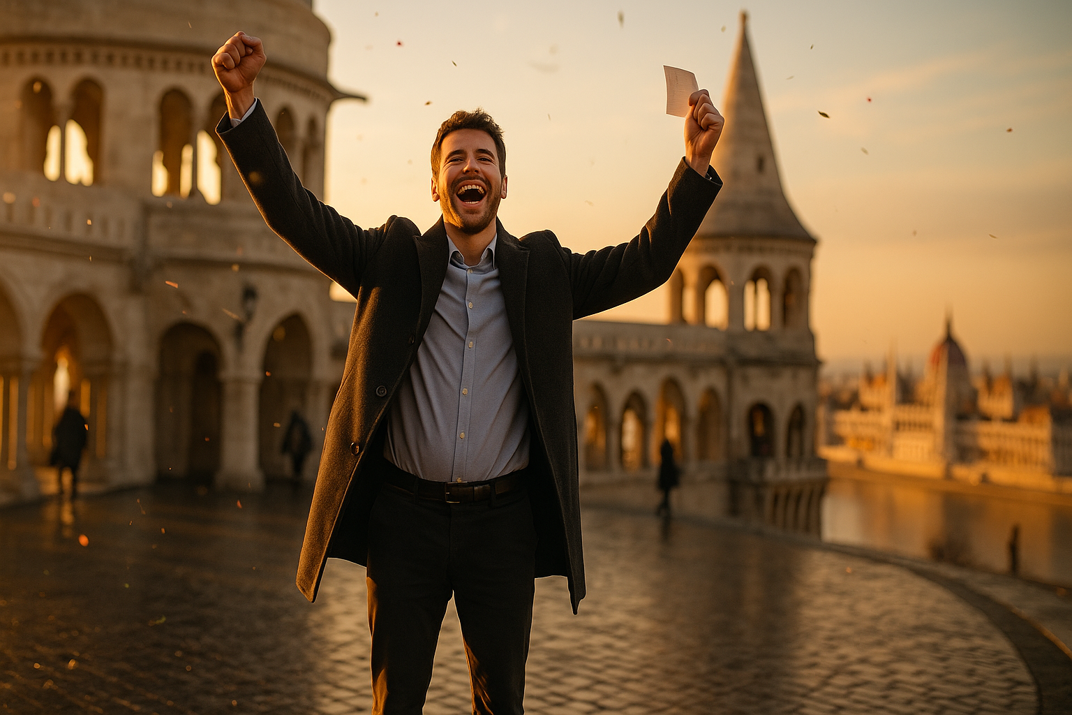 Man joyfully raises arms, holding paper, standing on a cobblestone path with historic architecture and a sunset in the background.