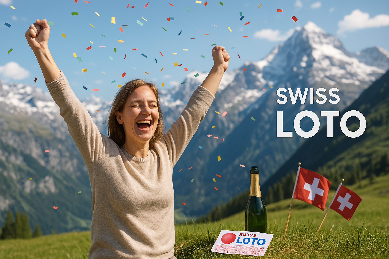 Vrouw viert bij het winnen met Swiss Loto