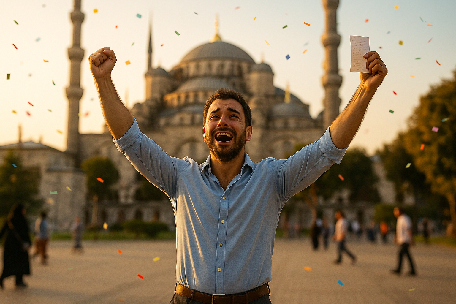 A joyful man in a blue shirt celebrates with arms raised, standing in front of a historic mosque as colorful confetti falls around him.