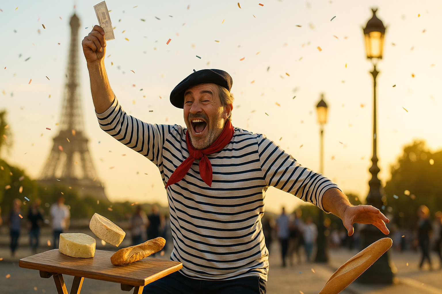 Cheerful man in a striped shirt and beret joyfully holds money near cheese and baguettes, with the Eiffel Tower in the background at sunset.