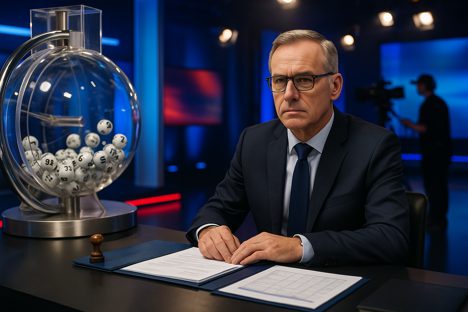 A serious man in a suit sits at a desk with papers, next to a lottery machine containing numbered balls, in a studio setting.