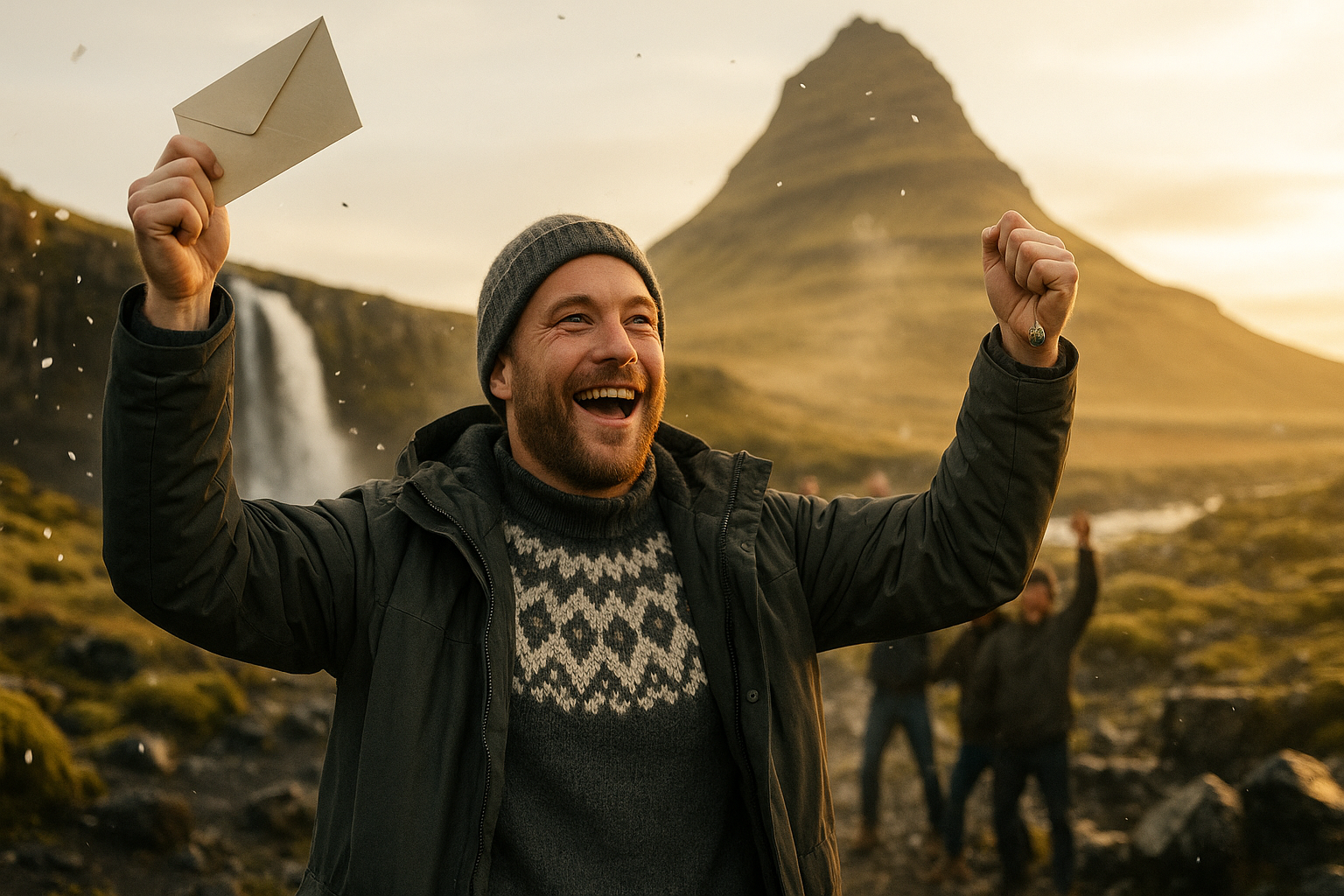 A joyful man in a beanie holds an envelope, celebrating outdoors near a waterfall and mountain, with friends cheering in the background.
