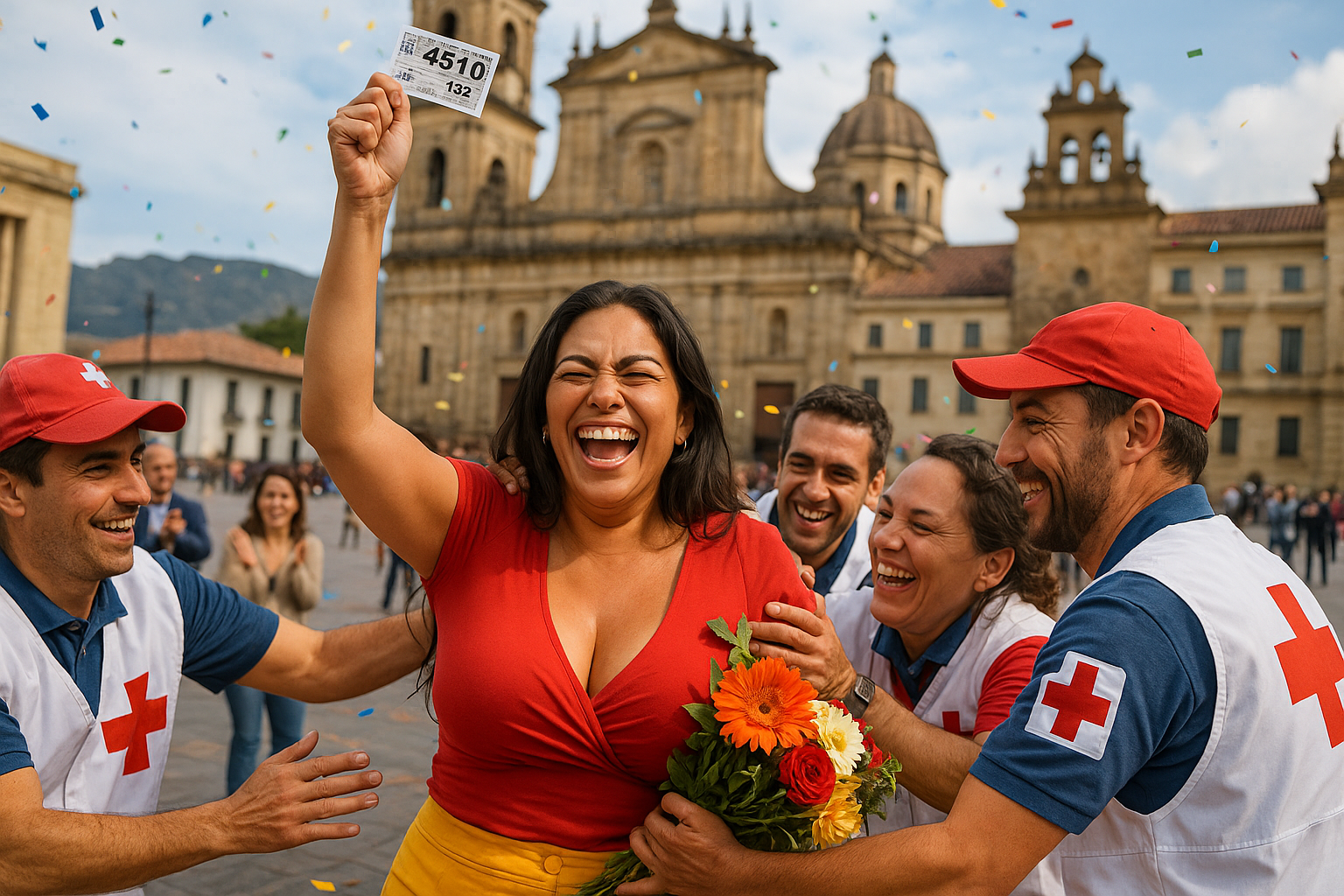 A joyful woman raises a lottery ticket, surrounded by smiling Red Cross workers. She's holding flowers in a lively plaza with confetti falling.