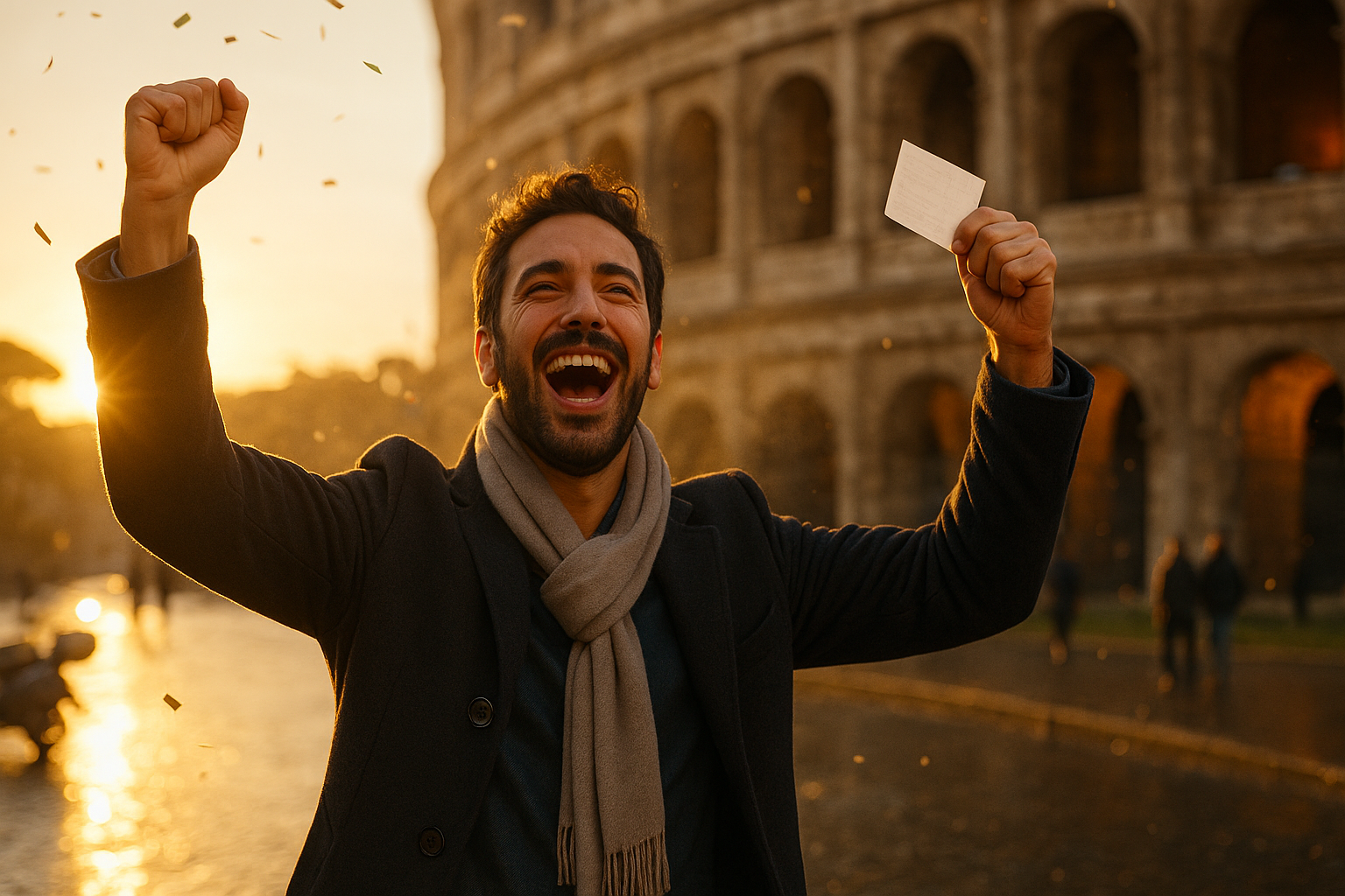 Man celebrating with raised arms and a ticket in hand, standing in front of the Colosseum at sunset, surrounded by falling confetti.