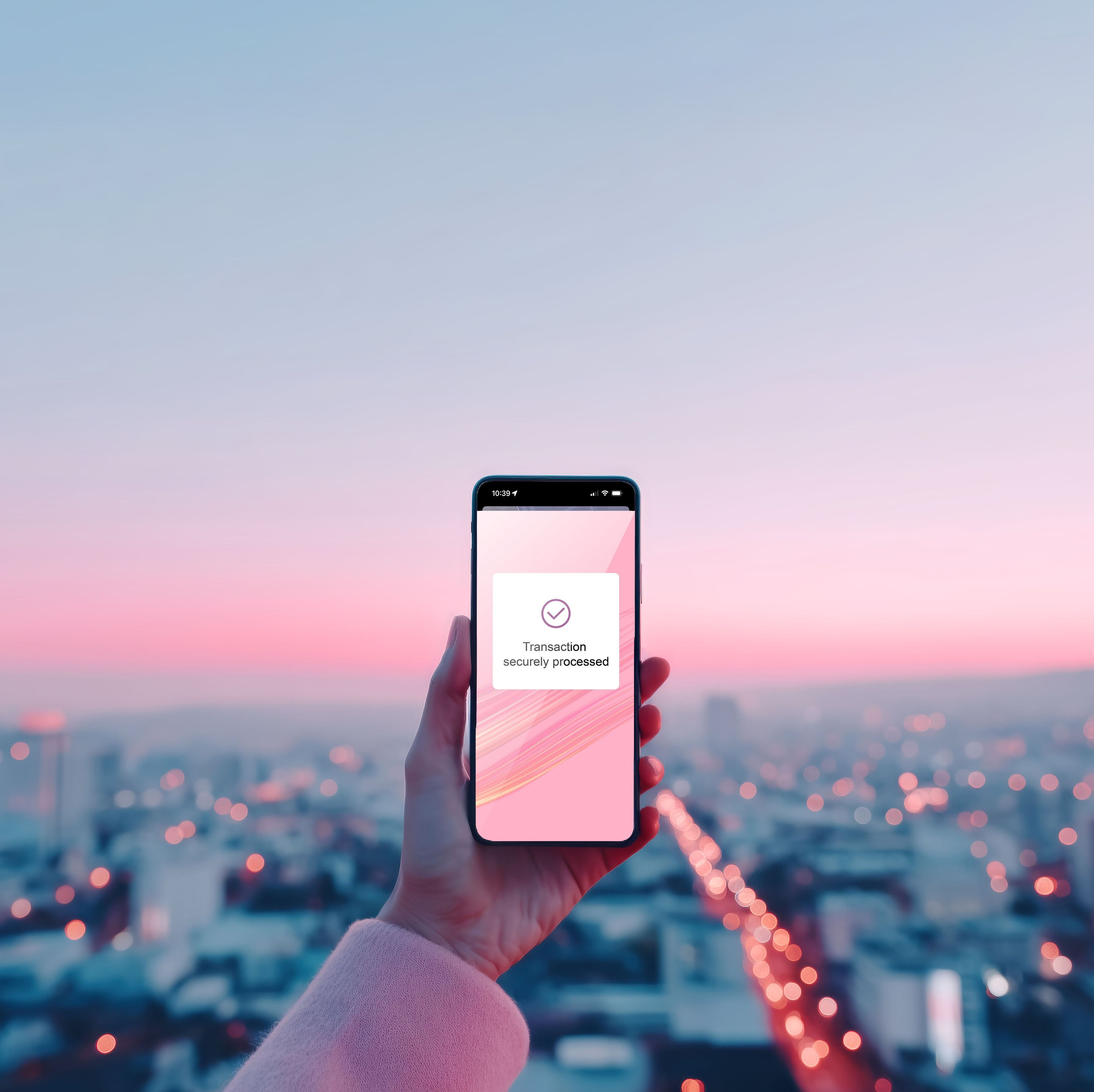 Mobile phone in front of a city view