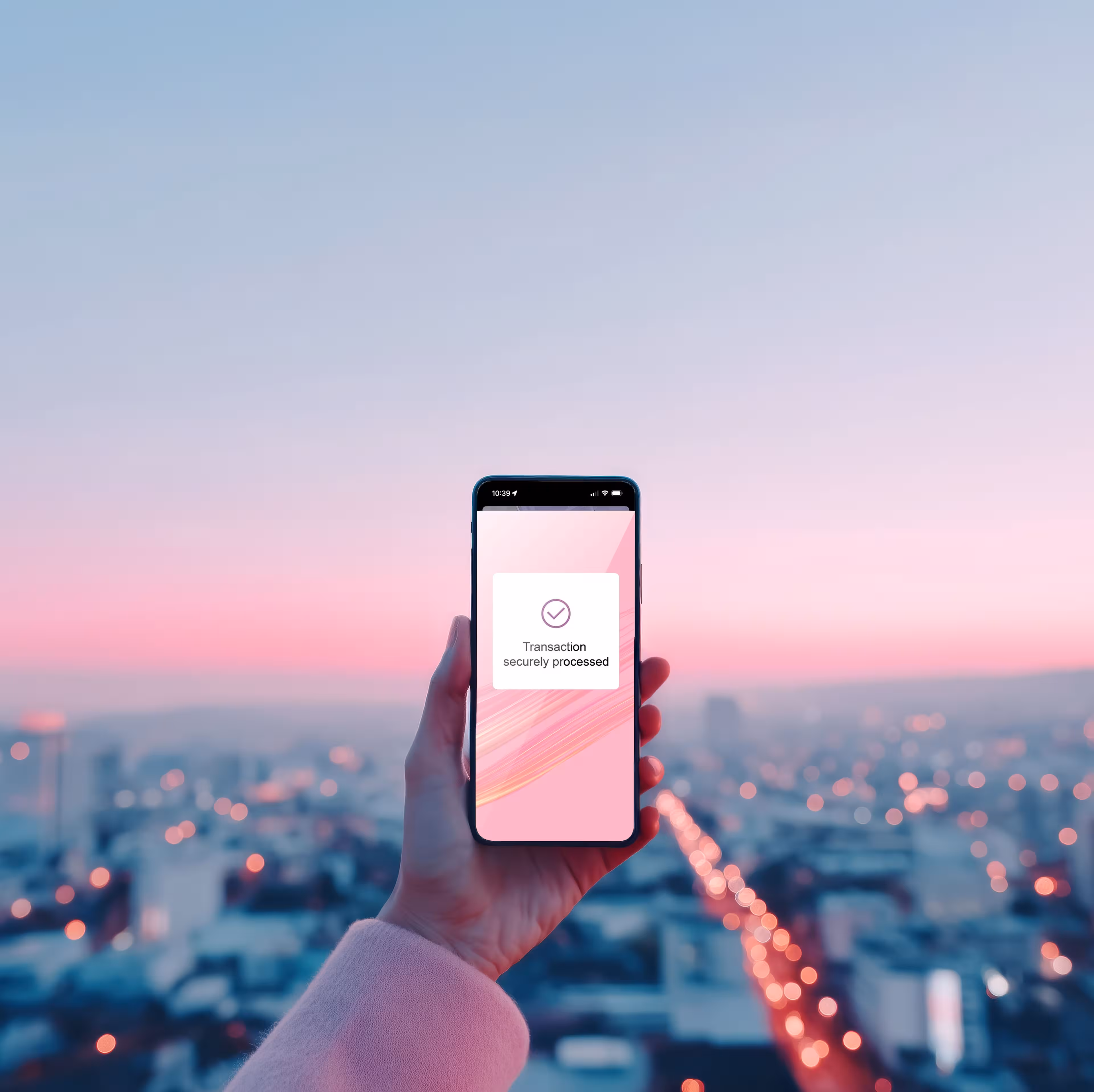 Mobile phone in front of a city view