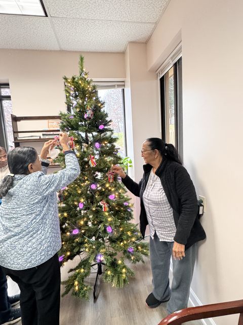 Two people decorate a Christmas tree with ornaments in a room with windows. The tree is lit with white lights.