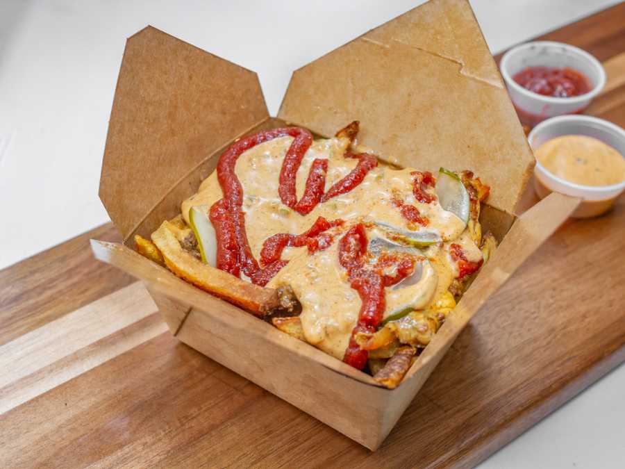 Burgers on B Box of Loaded fries served with dipping sauces